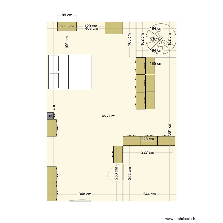 Chambre. Plan de 2 pièces et 49 m2