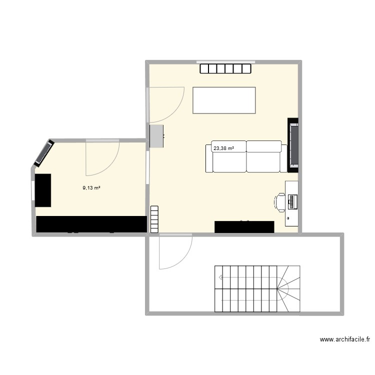 Salon Cuisine Maison. Plan de 2 pièces et 33 m2