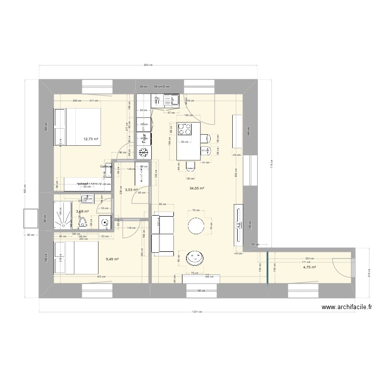 appart D2. Plan de 6 pièces et 68 m2