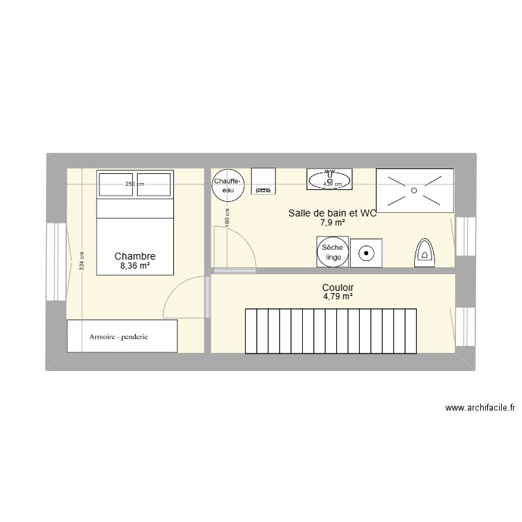 Etage 1 bis. Plan de 3 pièces et 40 m2