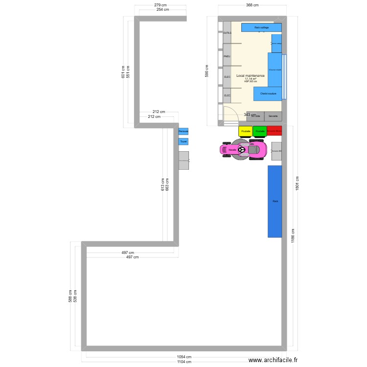 local V2. Plan de 1 pièce et 17 m2