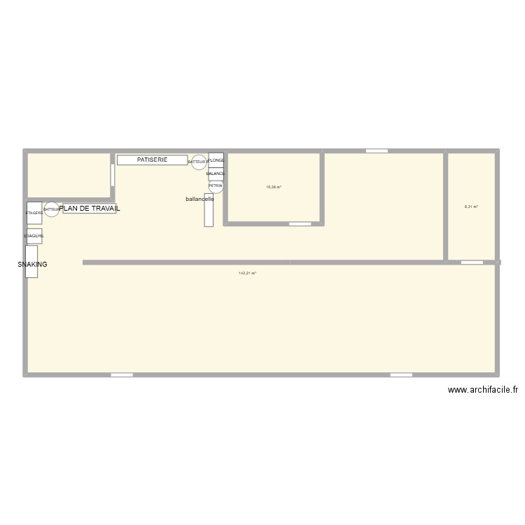 boulangerie. Plan de 3 pièces et 161 m2