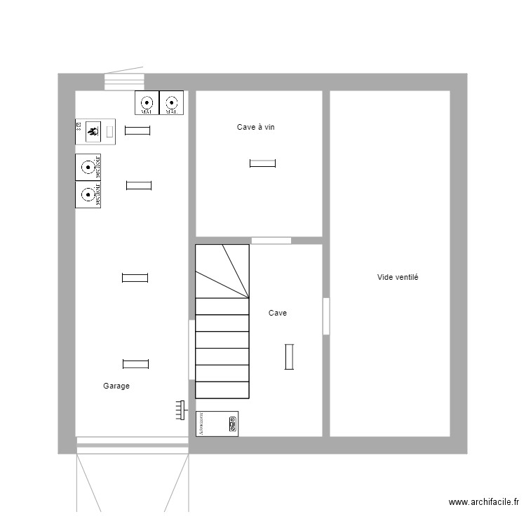 Position garage, cave, vide ventilé. Plan de 3 pièces et 28 m2