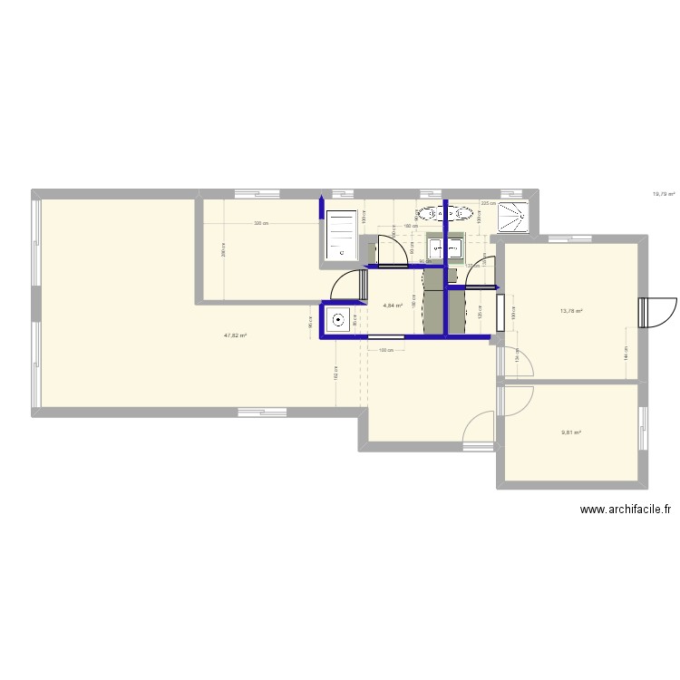 Appartement Parents Hezi - modifications (bleu) et cotations. Plan de 5 pièces et 96 m2