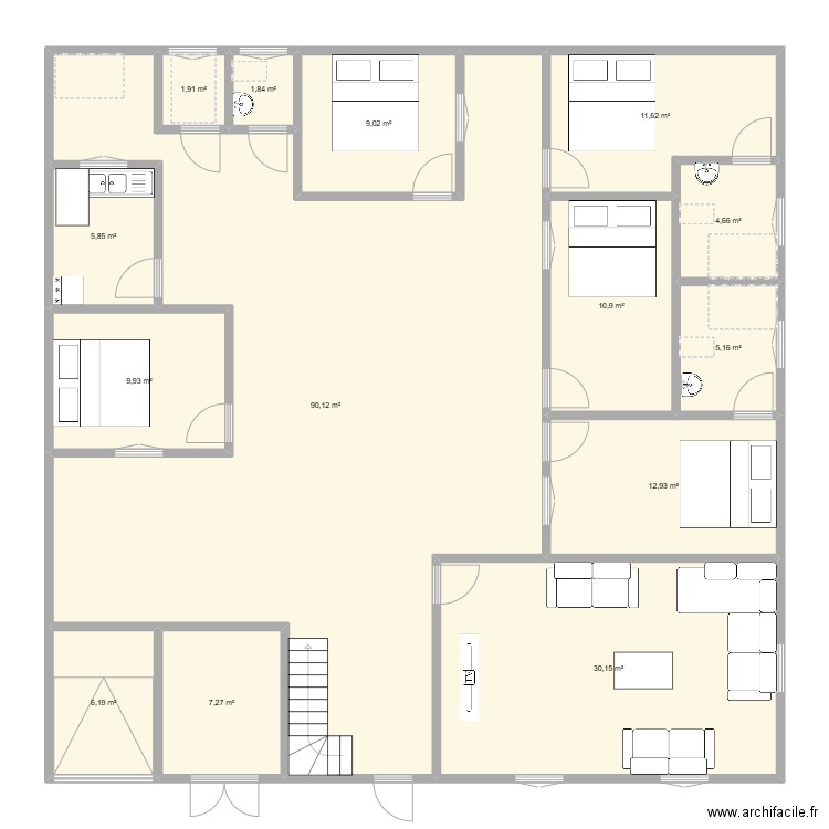 Assane. Plan de 14 pièces et 208 m2