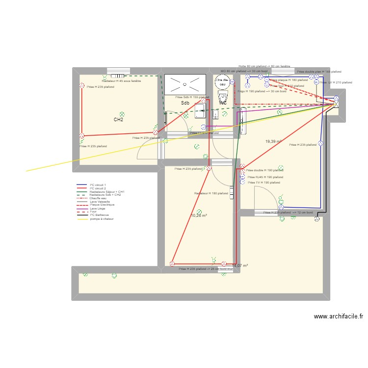 Electricité Gite 2. Plan de 6 pièces et 60 m2