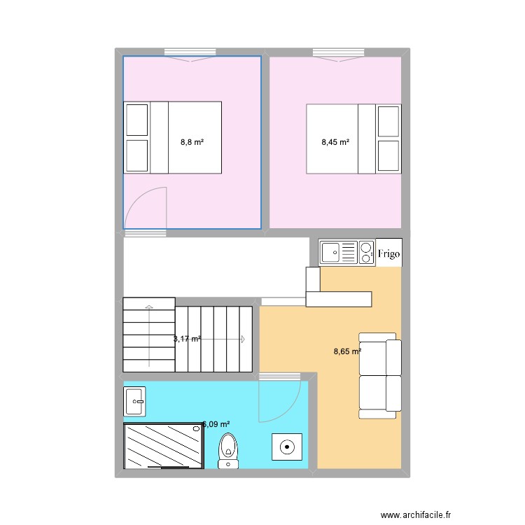 Appartement deuxième étage. Plan de 5 pièces et 35 m2