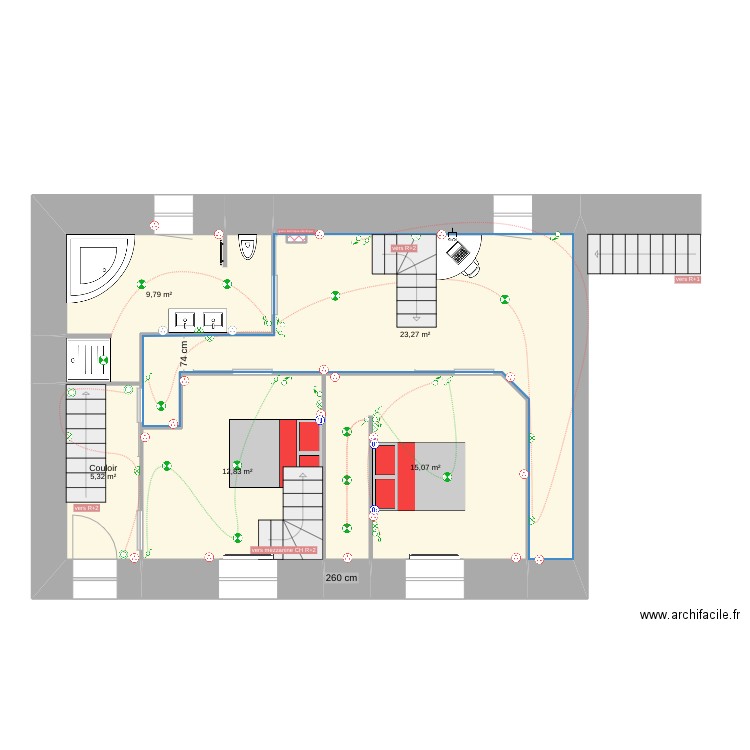 Cholonge r+1 électricité . Plan de 6 pièces et 66 m2