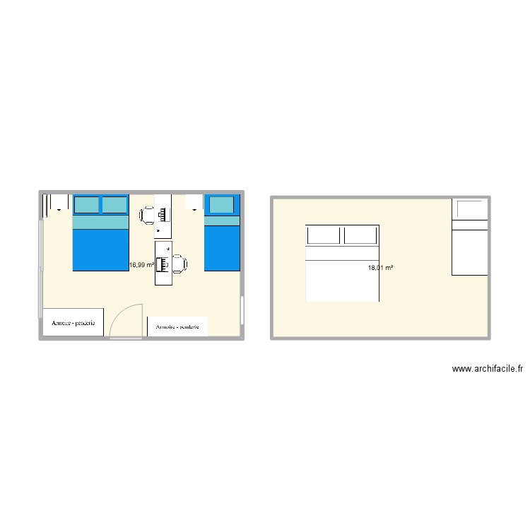 chambre d'ami. Plan de 2 pièces et 35 m2