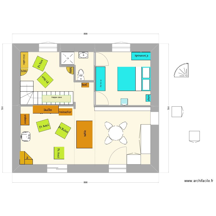 en face : essai 6b. Plan de 3 pièces et 54 m2