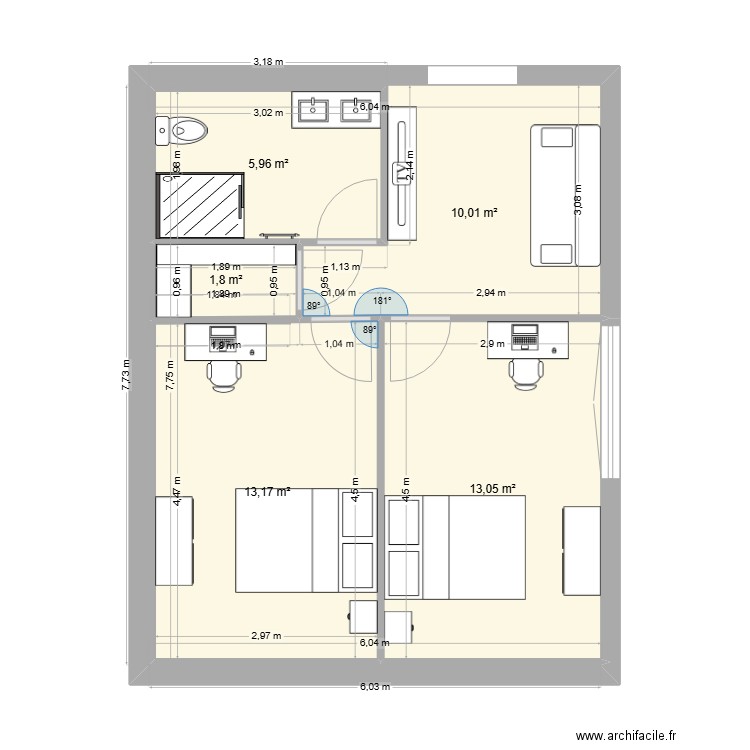 grenier. Plan de 5 pièces et 44 m2