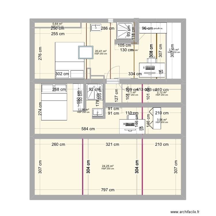 2eme étage avec sdb ds chbre janv 2025. Plan de 8 pièces et 68 m2