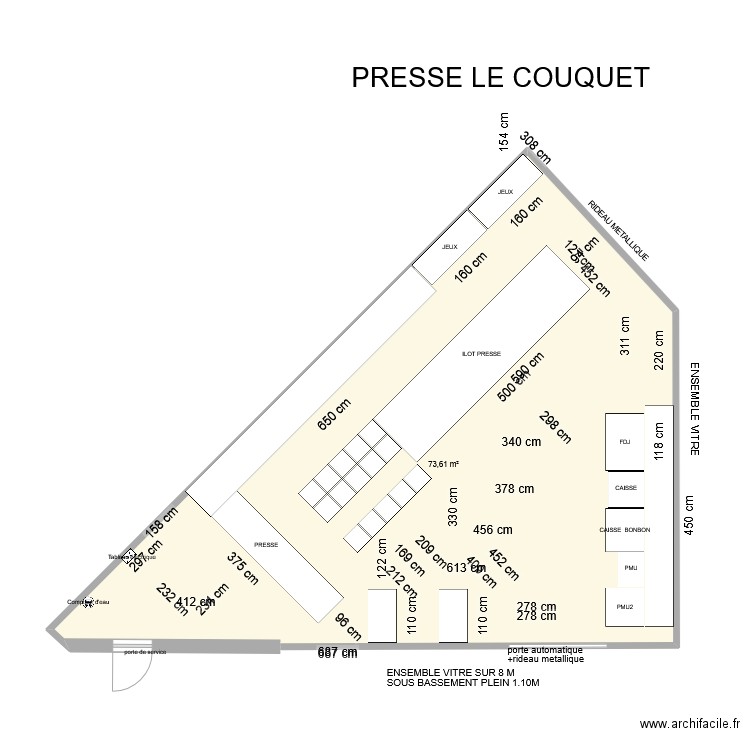 presse. Plan de 1 pièce et 75 m2