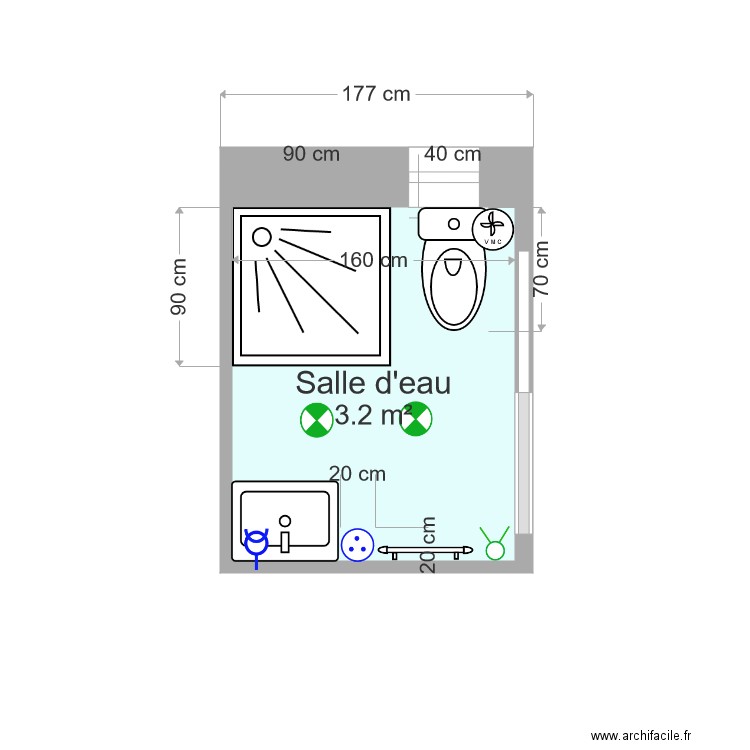 Salle eau - Plan 1 pièce 3 m2 dessiné par Stebou