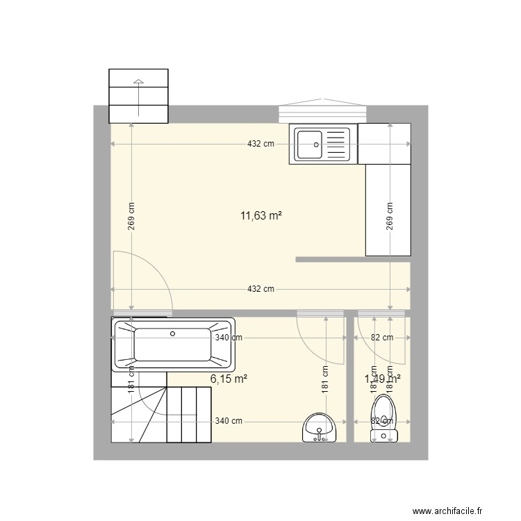 cuisine 6 freddy. Plan de 3 pièces et 19 m2