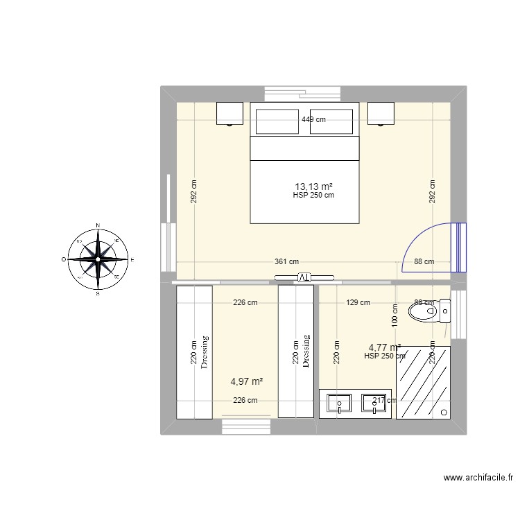 PYD_suite parentale. Plan de 3 pièces et 23 m2