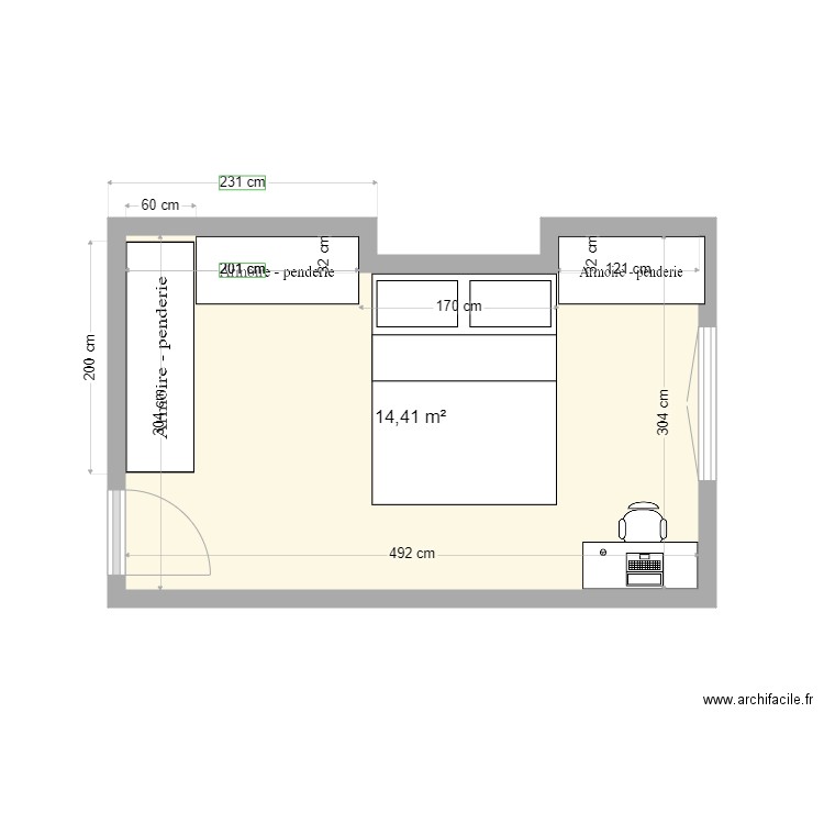 E. de V.2. Plan de 1 pièce et 14 m2