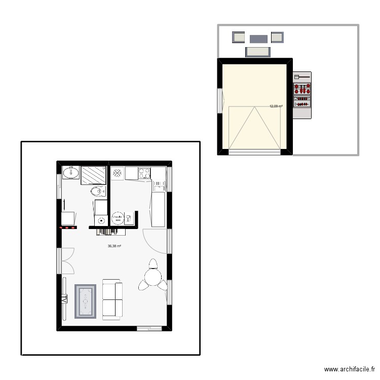 bim. Plan de 2 pièces et 48 m2