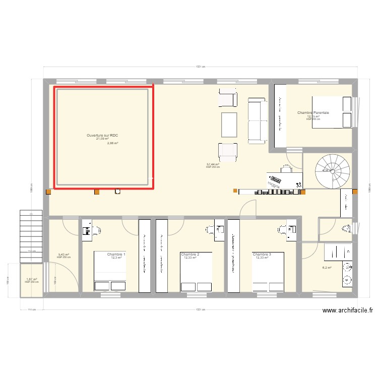 ferme etage V1. Plan de 11 pièces et 148 m2