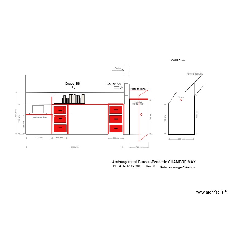 Aménagement bureau penderie chambre MAX  Solution 2. Plan de 0 pièce et 0 m2