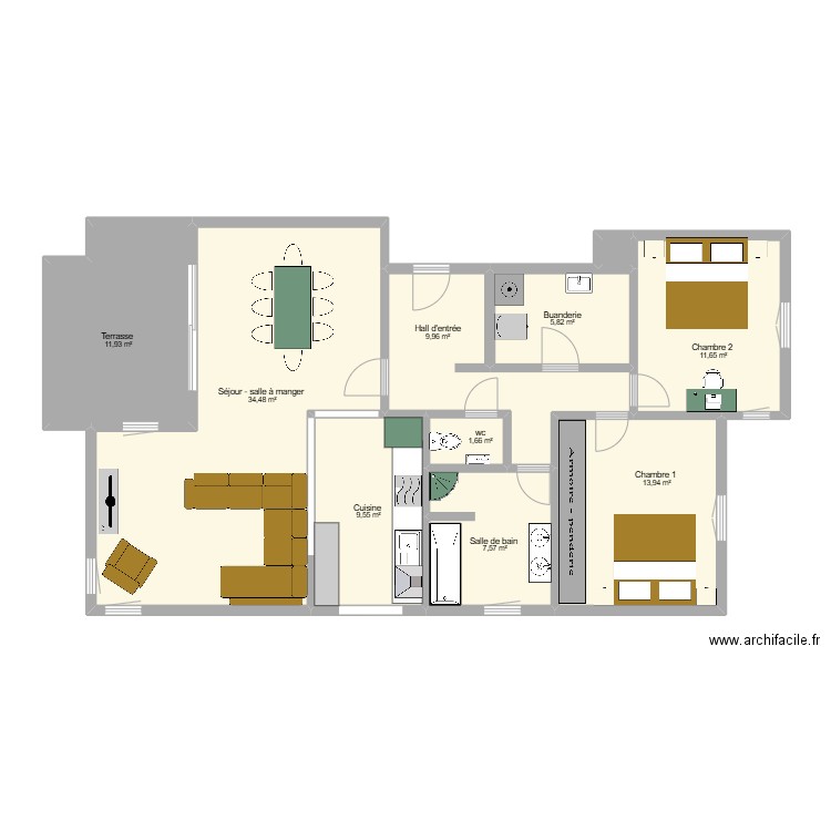 Plan 214 C 1R Meubles . Plan de 10 pièces et 107 m2