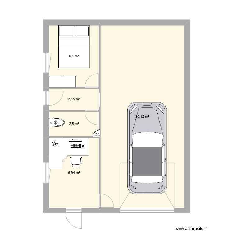 garage + bureau. Plan de 5 pièces et 48 m2