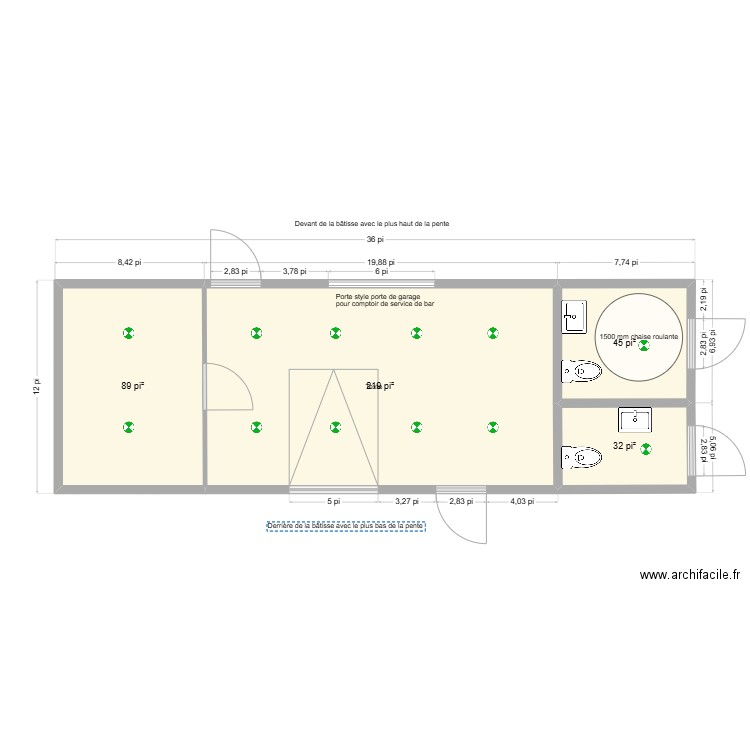 Abri terrain baseball. Plan de 4 pièces et 36 m2