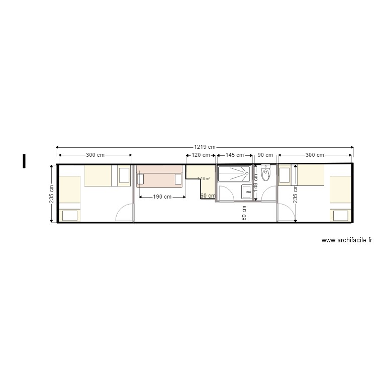 CONTENEUR 40 PIEDS AMENAGE EN 3/4 PIECES 10 FEVRIER 2024. Plan de 1 pièce et 1 m2