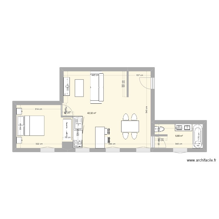 vernier. Plan de 2 pièces et 48 m2