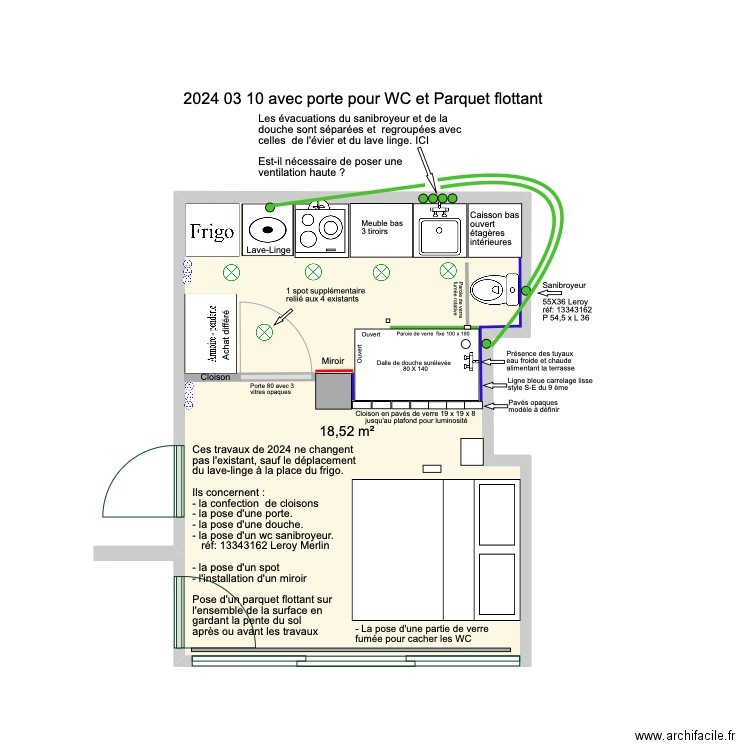 2024 03 10 avec porte pour WC et Parquet flottant. Plan de 1 pièce et 19 m2