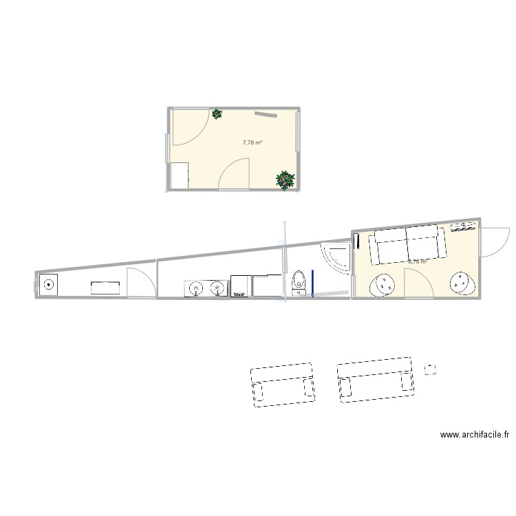 veranda bibliothèque. Plan de 2 pièces et 15 m2