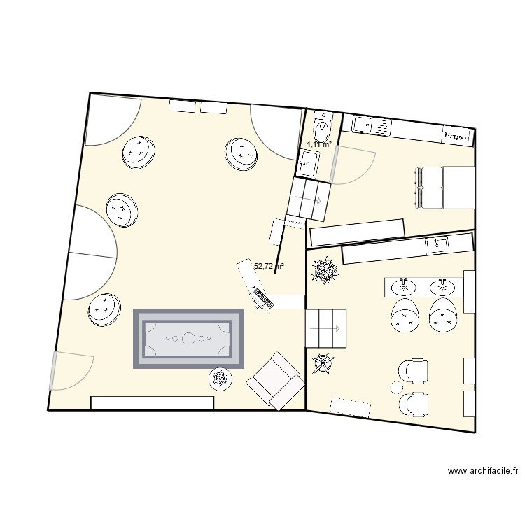 JJ salon 1. Plan de 2 pièces et 54 m2