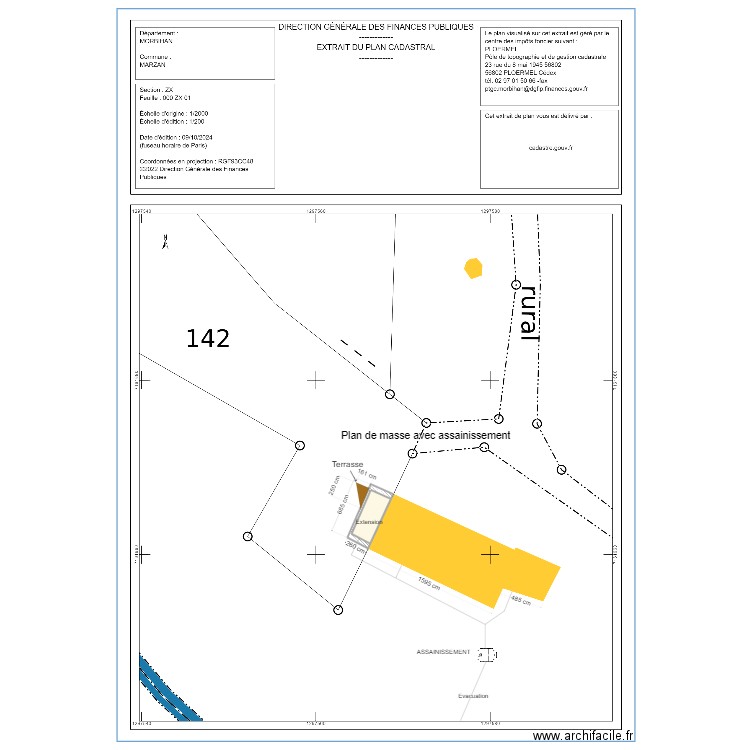 Plan de masse avec extension et assainissement. Plan de 1 pièce et 14 m2