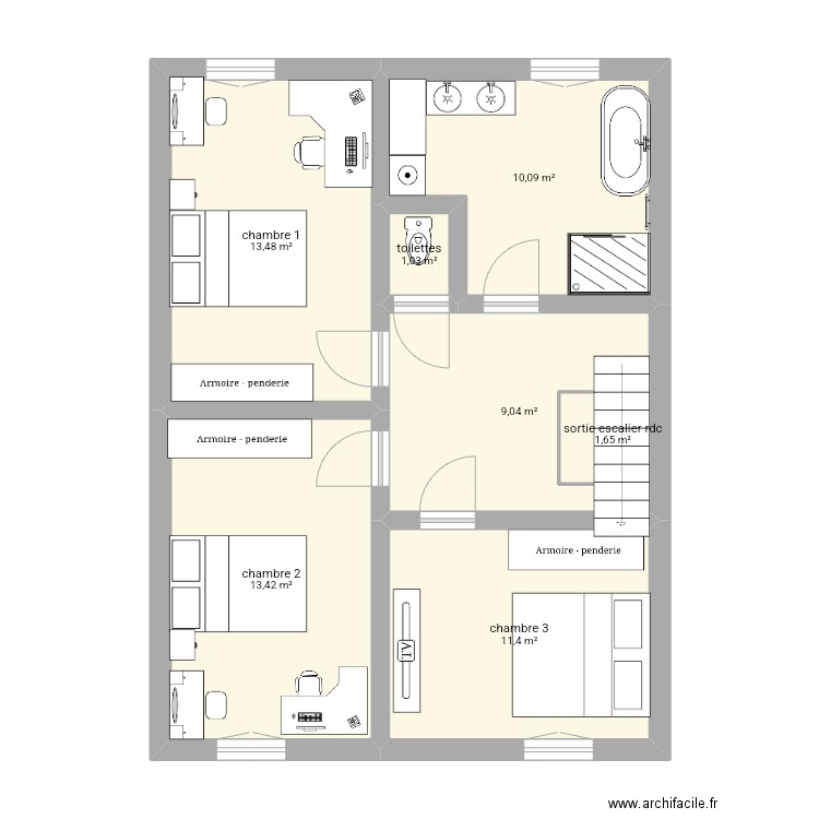 etage 1. Plan de 7 pièces et 62 m2