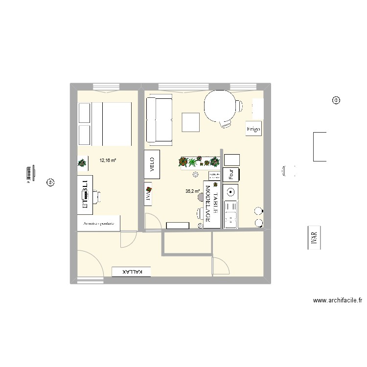 Chambre BIS. Plan de 2 pièces et 47 m2