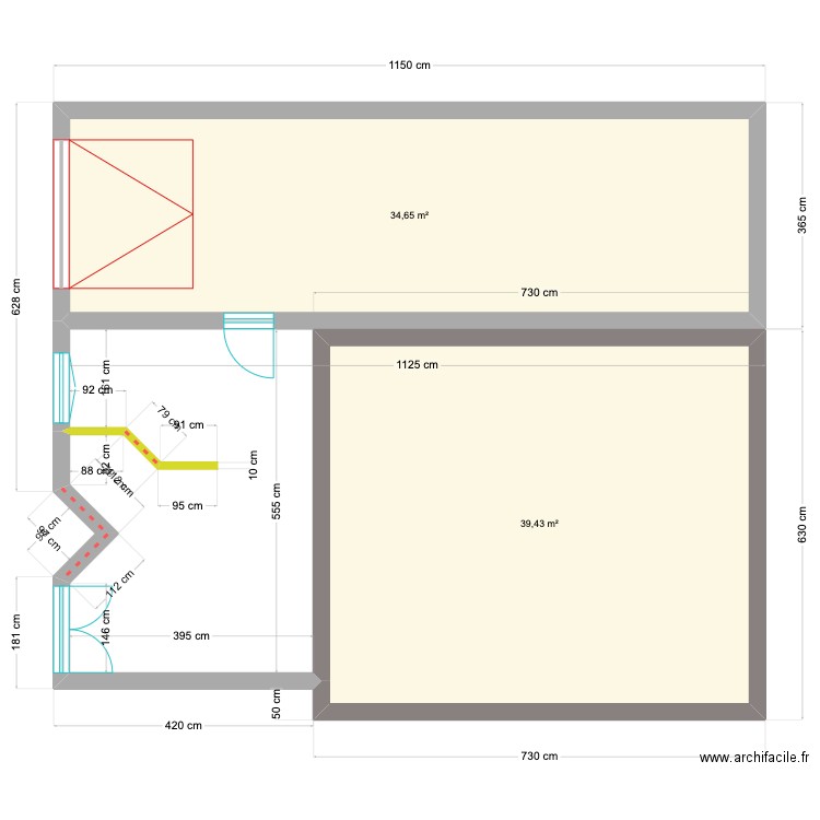 asbrdc. Plan de 2 pièces et 74 m2