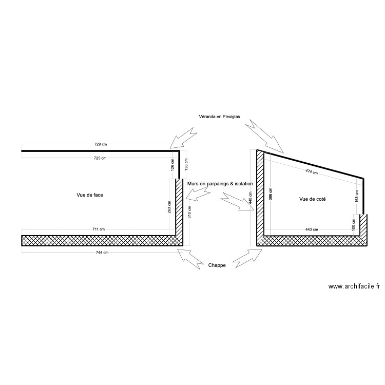 Vue de coupe Véranda. Plan de 1 pièce et 15 m2