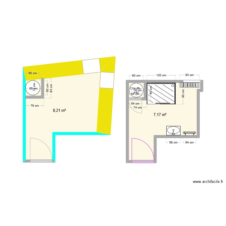 salle de bain mod. Plan de 2 pièces et 15 m2