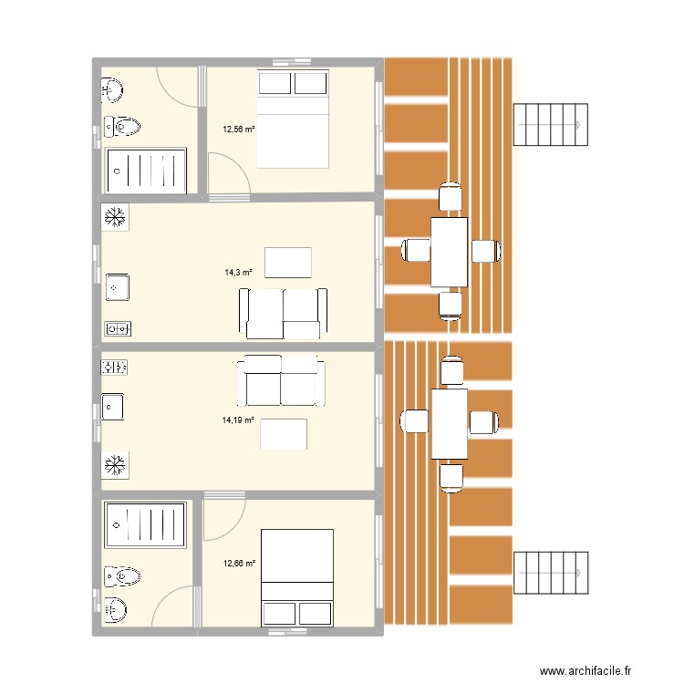 Plan bangalows Moorea 2. Plan de 4 pièces et 54 m2