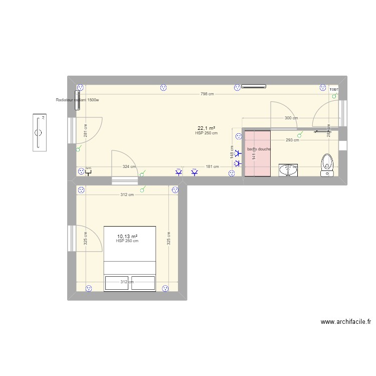 dentiste. Plan de 2 pièces et 32 m2