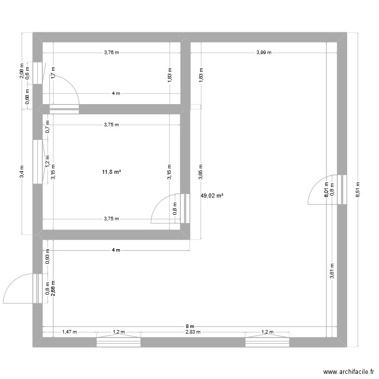 Mars - Appartement 8 x 8 cotes. Plan de 2 pièces et 61 m2