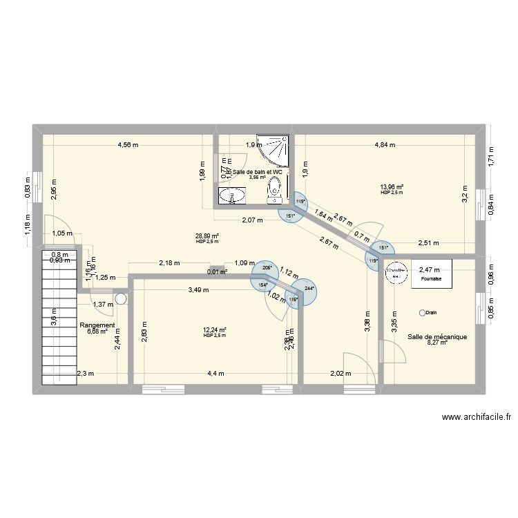 sous sol aménagé V4. Plan de 7 pièces et 74 m2