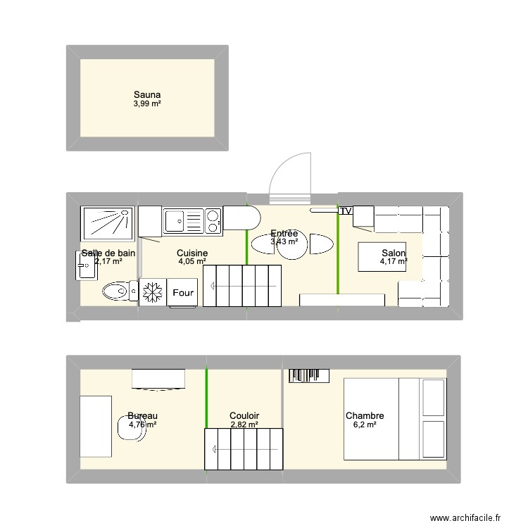 tiny. Plan de 8 pièces et 32 m2