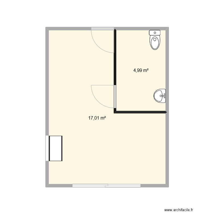 sdb + chambre coloc. Plan de 2 pièces et 22 m2