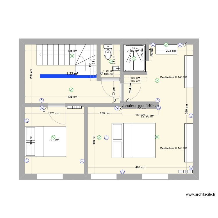 R+1 ELECTRICITE DOUCHE MODIF. Plan de 3 pièces et 43 m2