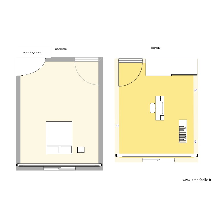 chambre et bureau . Plan de 2 pièces et 62 m2