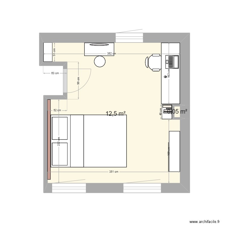 Chambre clem. Plan de 2 pièces et 13 m2