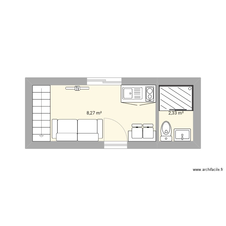 Container. Plan de 2 pièces et 11 m2