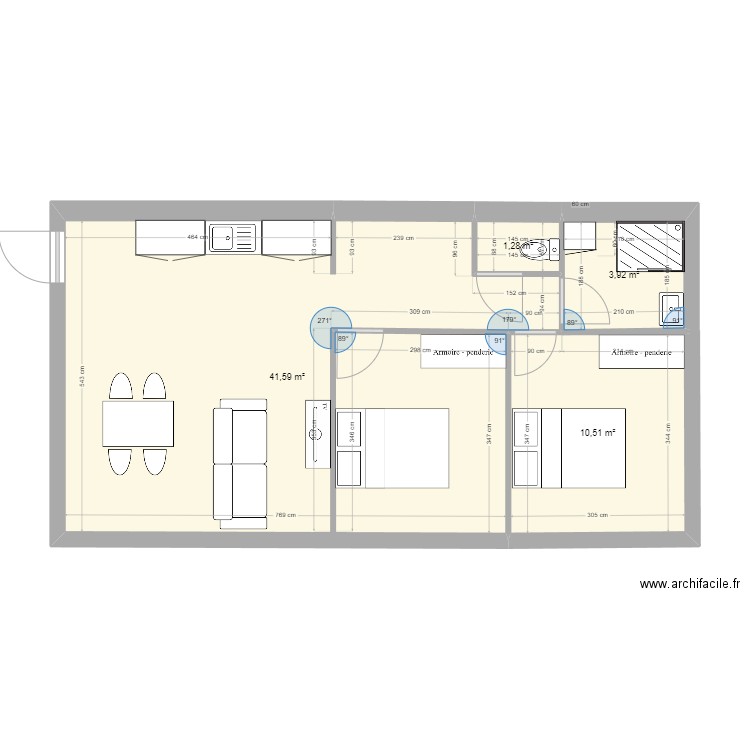 2 chambres. Plan de 4 pièces et 57 m2