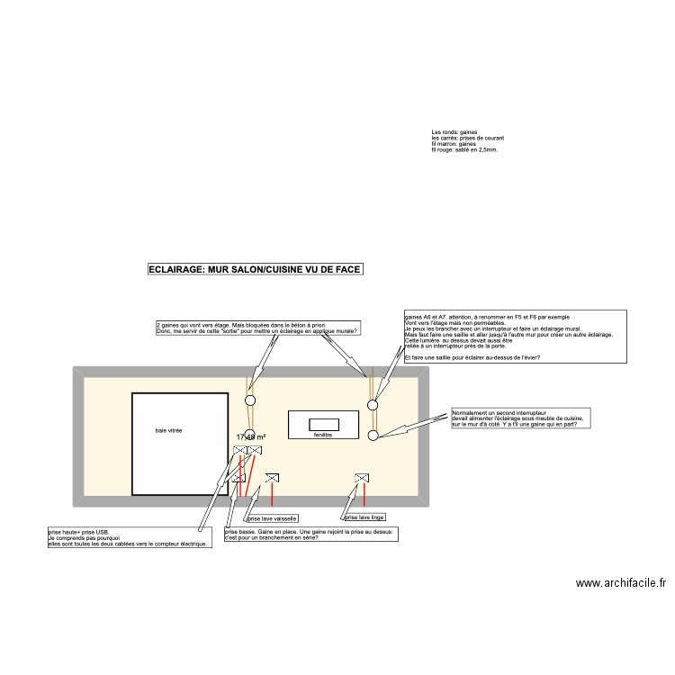 RDC éclairage mur baie vitrée. Plan de 1 pièce et 17 m2